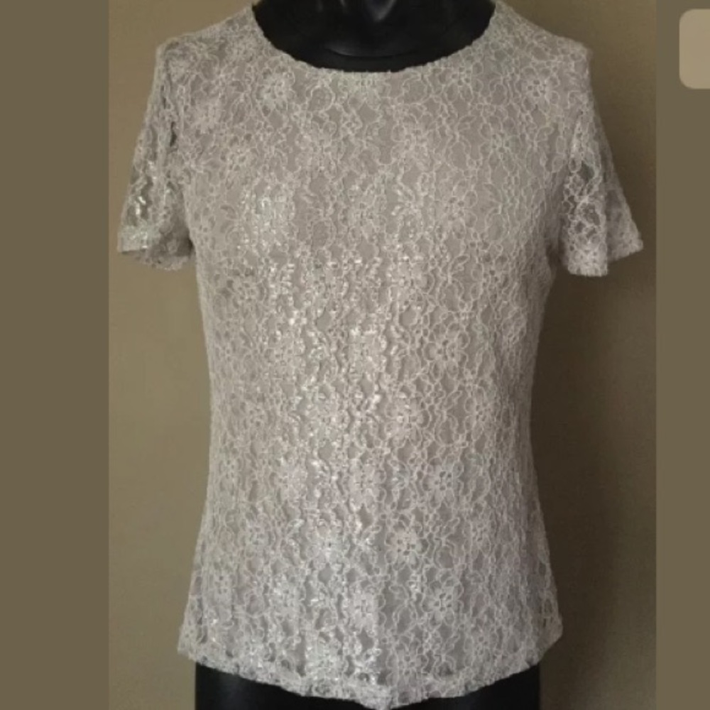 Cremieux silver lace taupe sparkle floral blouse